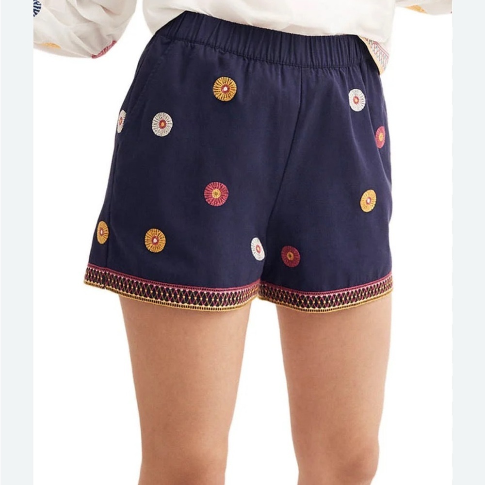 Madewell Navy Blue Embroidered Pull-On Shorts Circle Print Geometric Trim Boho - Picture 2 of 10